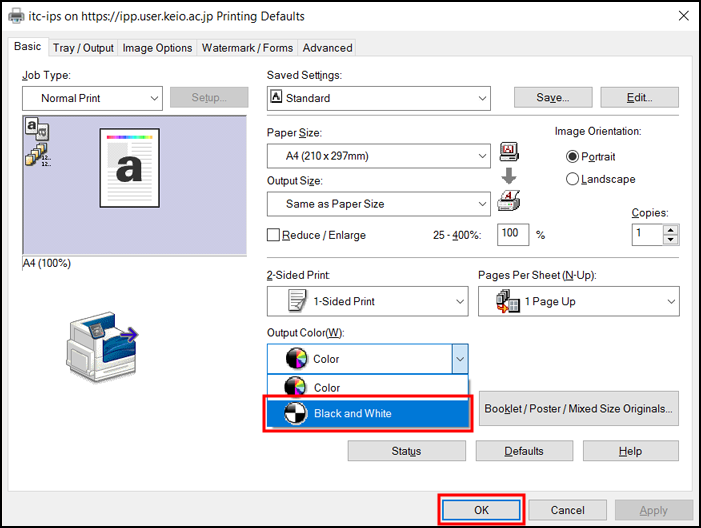 Sample setting of IPP printing in Windows Mita Information Technology Center, Keio University